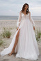 Robe de mariage Manche Longue A-ligne Tulle Col en V Fourchure Frontale - Page 1