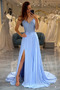 Robe de soirée Bleu Poire Thigh-High Slit Naturel taille Ouverture Frontale - Page 1