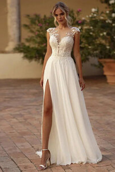 Robe de mariage Dos nu a ligne Col en V Bouton Blanche Thigh-High Slit