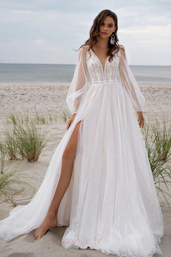 Robe de mariage Manche Longue A-ligne Tulle Col en V Fourchure Frontale - Page 1