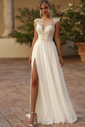 Robe de mariage Dos nu a ligne Col en V Bouton Blanche Thigh-High Slit - Page 1