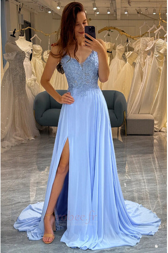 Robe de soirée Bleu Poire Thigh-High Slit Naturel taille Ouverture Frontale - Page 1