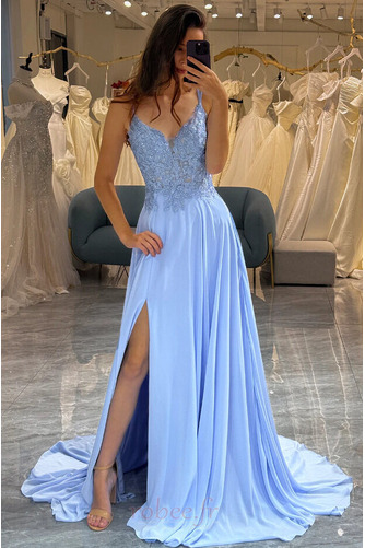 Robe de soirée Bleu Poire Thigh-High Slit Naturel taille Ouverture Frontale - Page 3