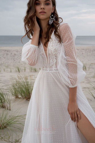 Robe de mariage Manche Longue A-ligne Tulle Col en V Fourchure Frontale - Page 3